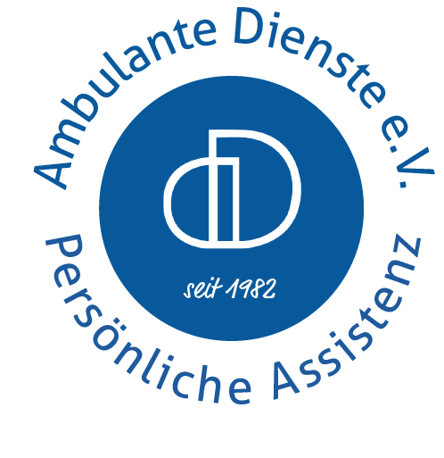 Ambulante-Dienste-eV-Muenster Logo von ambulante dienste e.v. Mit stilisiertem „Anzeigen“-Emblem in Blau und Weiß und dem Text „persönliche assistenz seit 1982“.