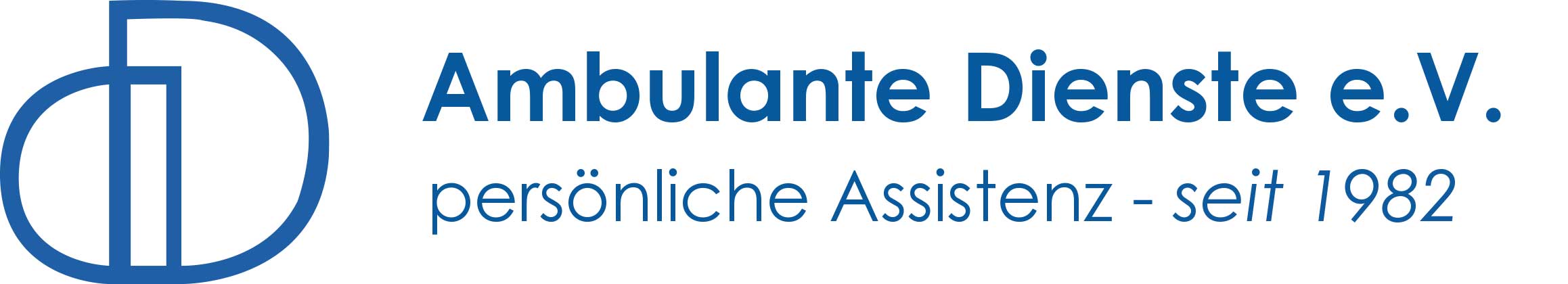 Ambulante-Dienste-eV-Muenster Logo von 'ambulante dienste e.v.' mit dem Text „persönliche assistenz – seit 1982“ neben einem stilisierten blauen Symbol.